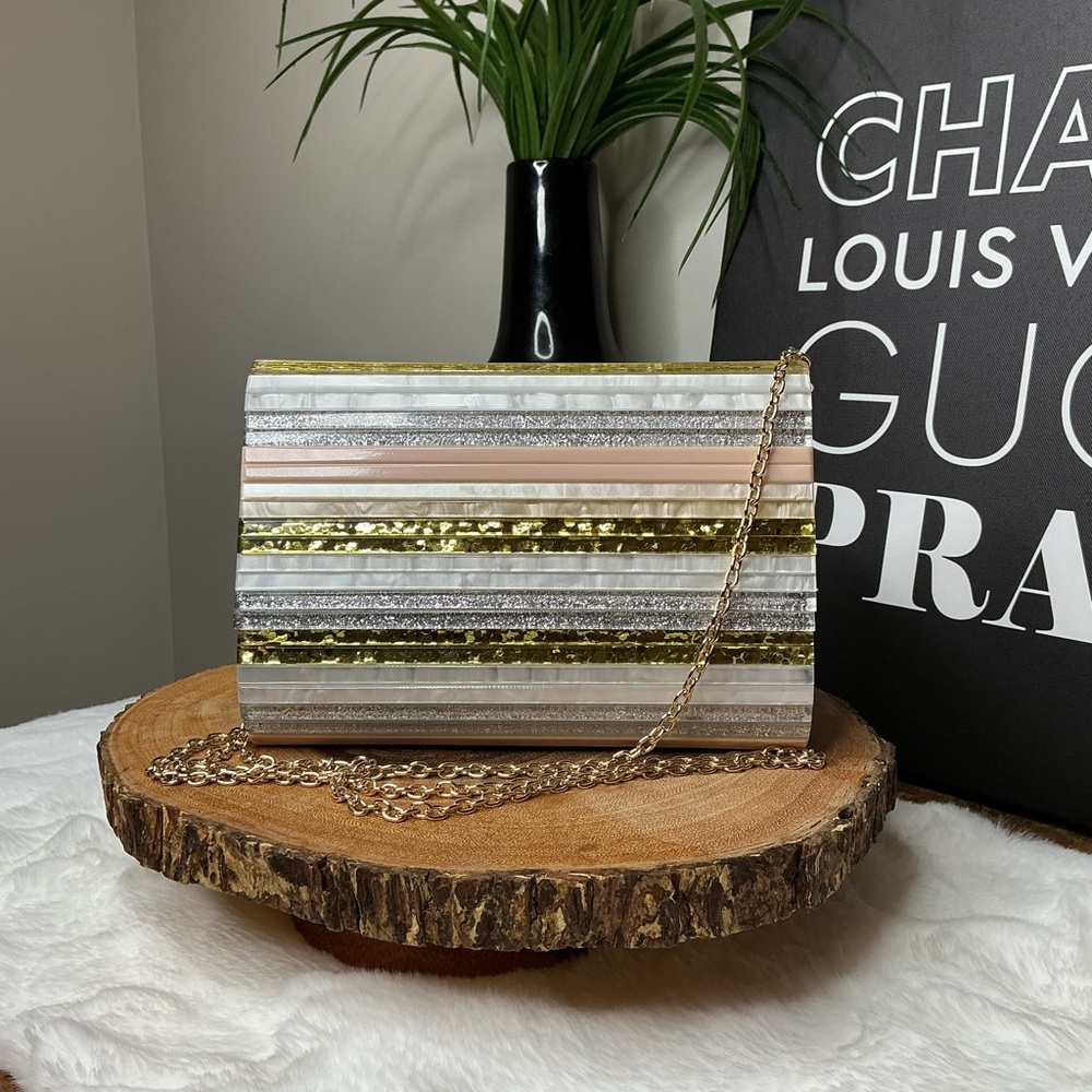 Kurt Geiger Party Envelope Acrylic Metallic Striped Clutch with Chain